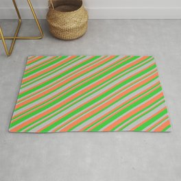 [ Thumbnail: Coral, Lime Green, and Grey Colored Striped Pattern Rug ]