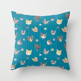 Cats with Paws Pattern/Hand-drawn in Watercolour/Blue Stripe Background Throw Pillow