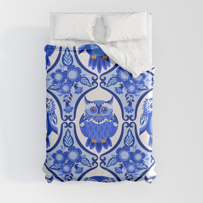 Delft Blue and White Owls and Flowers Duvet Cover