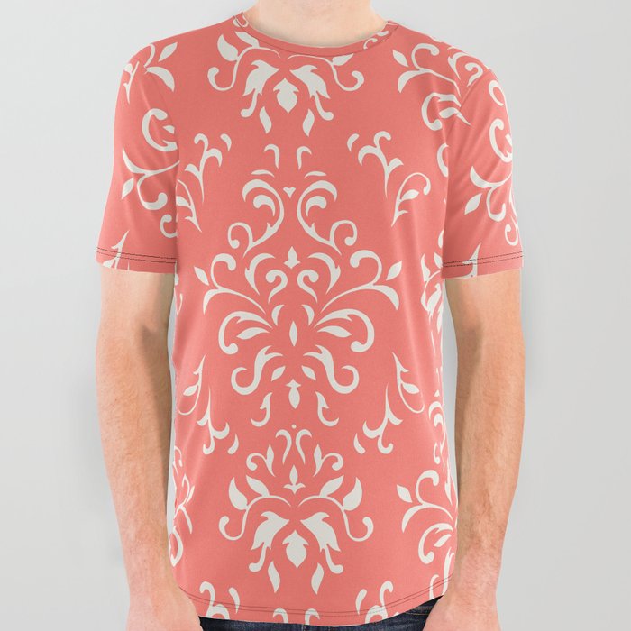 Decorative Pattern in Living Coral and White All Over Graphic Tee