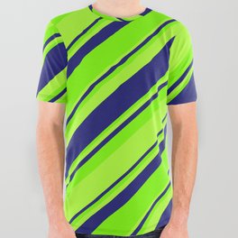 [ Thumbnail: Green, Light Green & Midnight Blue Colored Striped/Lined Pattern All Over Graphic Tee ]