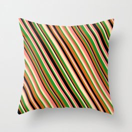 [ Thumbnail: Eye-catching Salmon, Beige, Forest Green, Chocolate, and Black Colored Lines/Stripes Pattern Throw Pillow ]