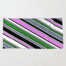 [ Thumbnail: Vibrant Slate Gray, Violet, Forest Green, Black, and White Colored Stripes Pattern Beach Towel ]