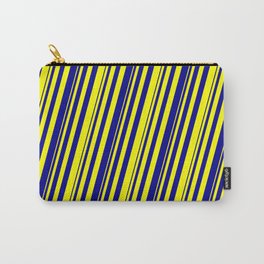[ Thumbnail: Yellow and Dark Blue Colored Striped Pattern Carry-All Pouch ]
