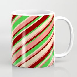 [ Thumbnail: Salmon, Maroon, Lime Green & Tan Colored Lines Pattern Coffee Mug ]