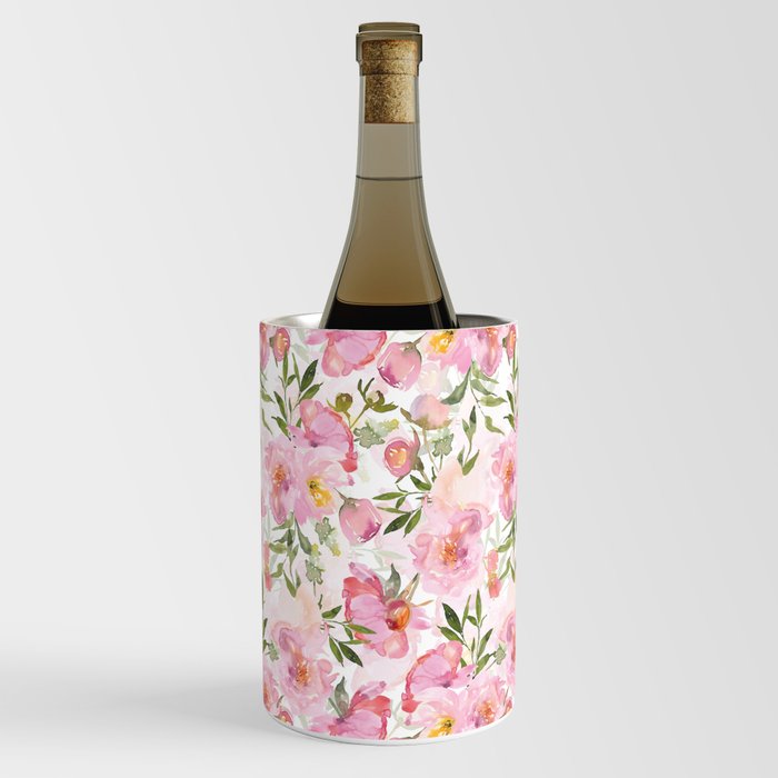 Scandi Pink Hand Drawn Watercolor Spring Flowers  Wine Chiller