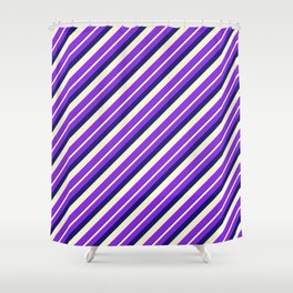 [ Thumbnail: Midnight Blue, Light Yellow, and Purple Colored Striped/Lined Pattern Shower Curtain ]