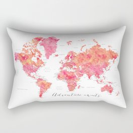 Adventure Awaits watercolor world map in hot pink and orange, "Tatiana" Rectangular Pillow