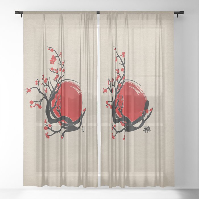 Zen Enso Circle, Sun and Red Sakura Blossom Sheer Curtain