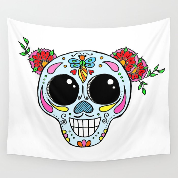 Sugar skull with flowers and bee Wall Tapestry