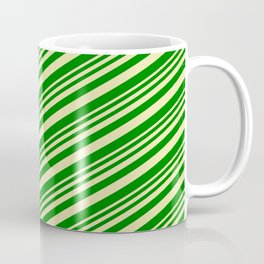[ Thumbnail: Pale Goldenrod & Green Colored Stripes/Lines Pattern Coffee Mug ]