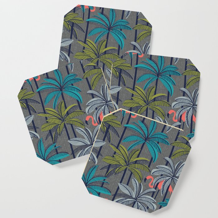 Retro vacation mode // zambezi grey background highball green peacock blue and light grey palm trees oxford navy blue lines coral flamingos Coaster