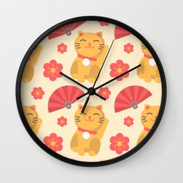 Japanese Lucky Cat Fan Flower Pattern Cute Wall Clock | Kittens, Fortune, Neko, Lucky, Cat, Luckycat, Funny, White, Japaneseflower, Kawaii 