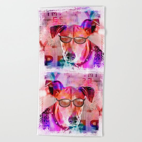 Cool colorful hippster dog artwork Beach Towel