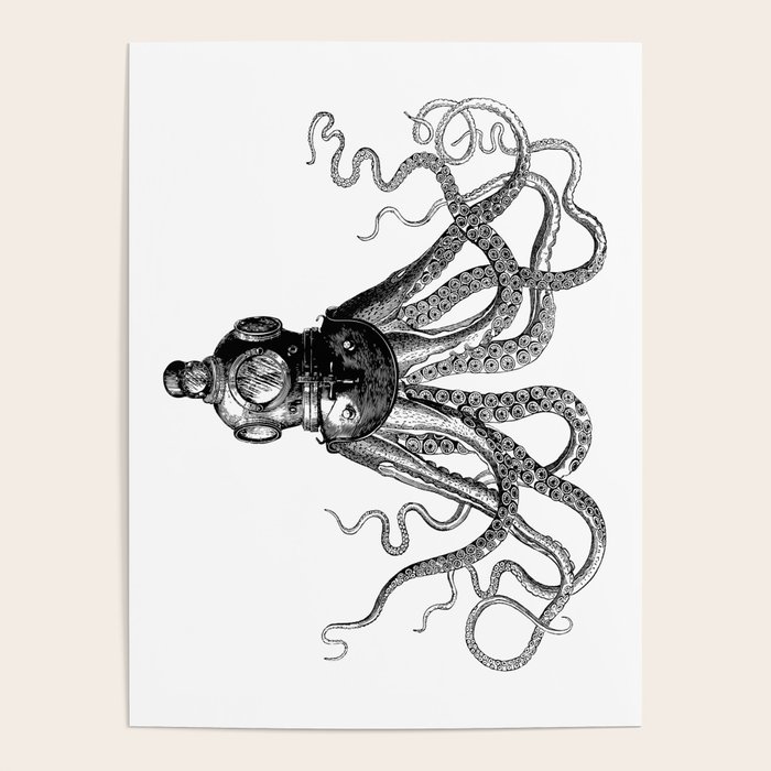 Octopus in Diving Helmet Deep Sea Divers Helmet Vintage Octopus