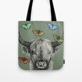 Heather the Highland Cow, Butterflies, pen and ink illustrations, green Tote Bag