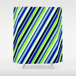 [ Thumbnail: Colorful Sky Blue, Blue, Chartreuse, Light Cyan & Black Colored Lines Pattern Shower Curtain ]