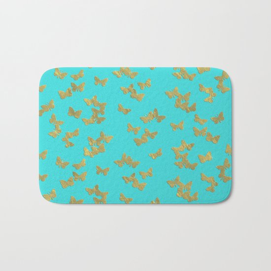 Gold glitter butterflies on aqua - Animal Insect Gold Glitter effect on #Society6 Bath Mat