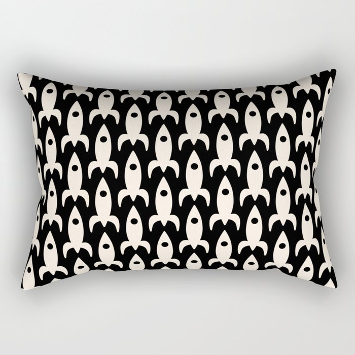 Atomic Age Rockets - Mid-Century Modern Space Age Pattern in Almond Cream and Black Rectangular Pillow