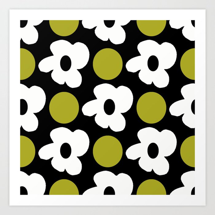 Small White Retro Flowers Olive Green Dots Black Background #decor #society6 #buyart Art Print