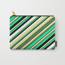 [ Thumbnail: Eyecatching Tan, Dark Olive Green, Green, Black, and White Colored Lines/Stripes Pattern Carry-All Pouch ]