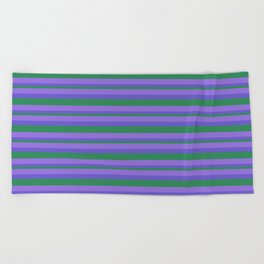 [ Thumbnail: Purple, Slate Blue, and Sea Green Colored Lined Pattern Beach Towel ]