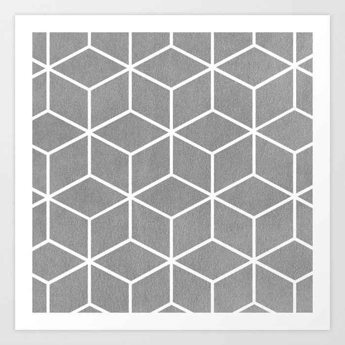 Light Grey And White Geometric Textured Cube Design Art Print By