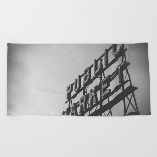 Seattle Pike Place Public Market Black and White Beach Towel