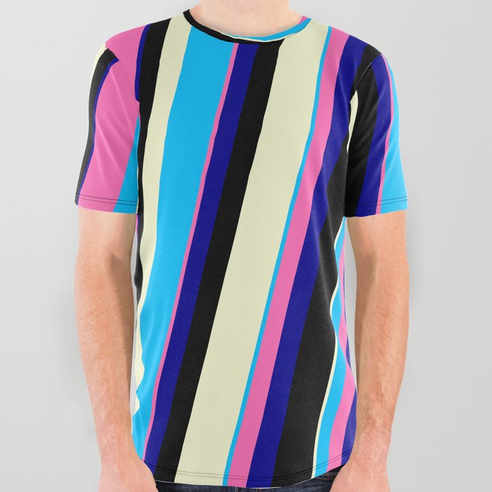 Vibrant Deep Sky Blue, Hot Pink, Dark Blue, Black, and Light Yellow Colored Lines/Stripes Pattern All Over Graphic Tee