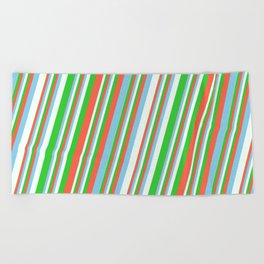 [ Thumbnail: Red, Sky Blue, Mint Cream, and Lime Green Colored Pattern of Stripes Beach Towel ]