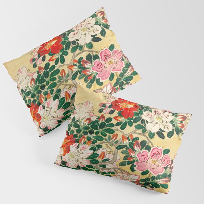 Blossoming Azalea flower in pot - Vintage Japanese Woodblock Print Art Pillow Sham