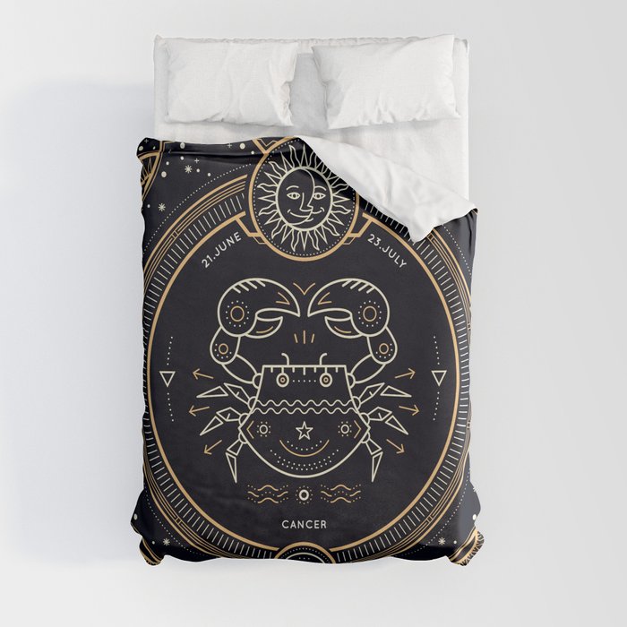 Cancer Zodiac Gold White with Black Background Duvet Cover