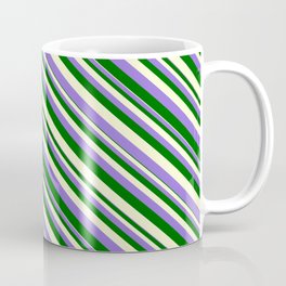 [ Thumbnail: Purple, Dark Green, and Light Yellow Colored Stripes Pattern Coffee Mug ]