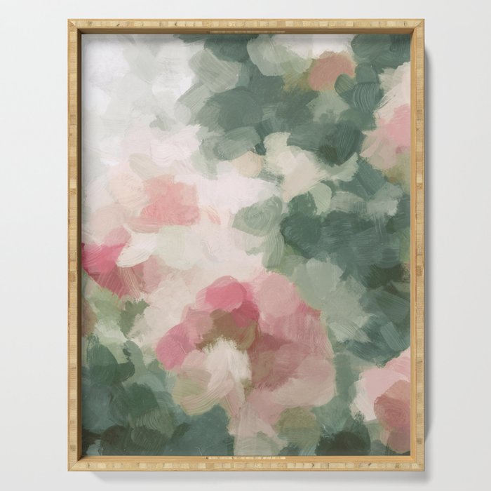 Rose Garden - Forest Sage Green Fuchsia Pink Floral Rose Garden Abstract Flower Painting Art Print Serving Tray