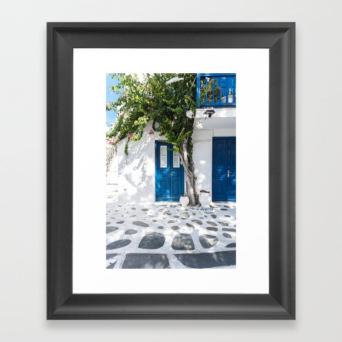 Blue door in Mykonos town Greece | Digital summer travel photography art print Framed Art Print