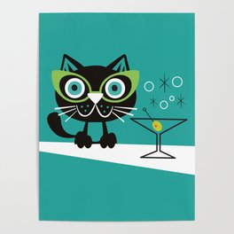 1950s Swank Mid Century Modern Martini Cocktail Kitty Cat Poster