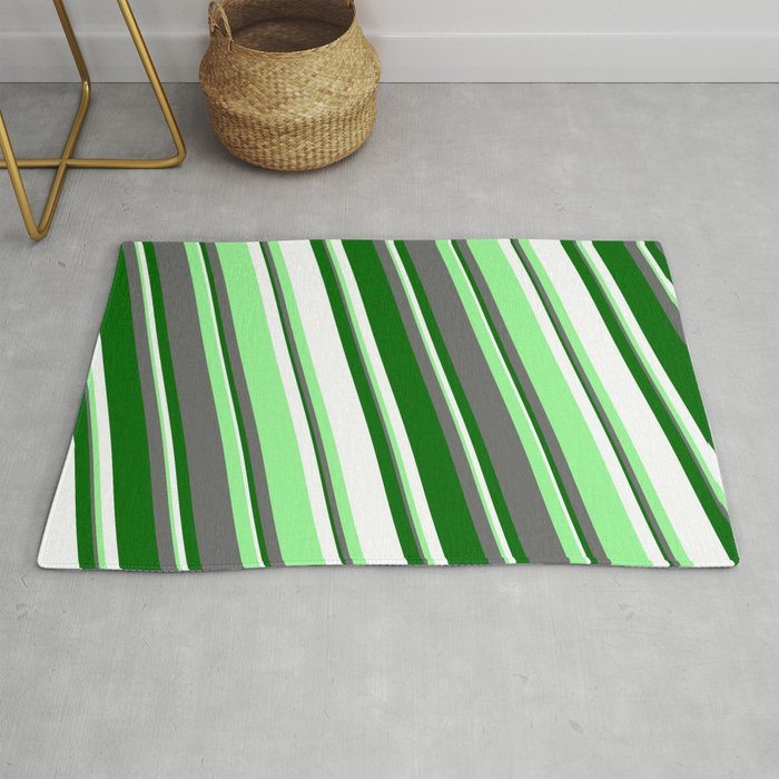 White, Green, Dim Gray, and Dark Green Colored Lines Pattern Rug