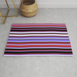 [ Thumbnail: Red, Medium Slate Blue, Lavender, and Black Colored Stripes/Lines Pattern Rug ]