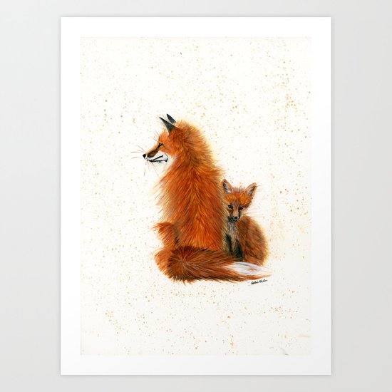 Fox Mama and Kit - animal watercolor painting of fox mother and baby Art Print