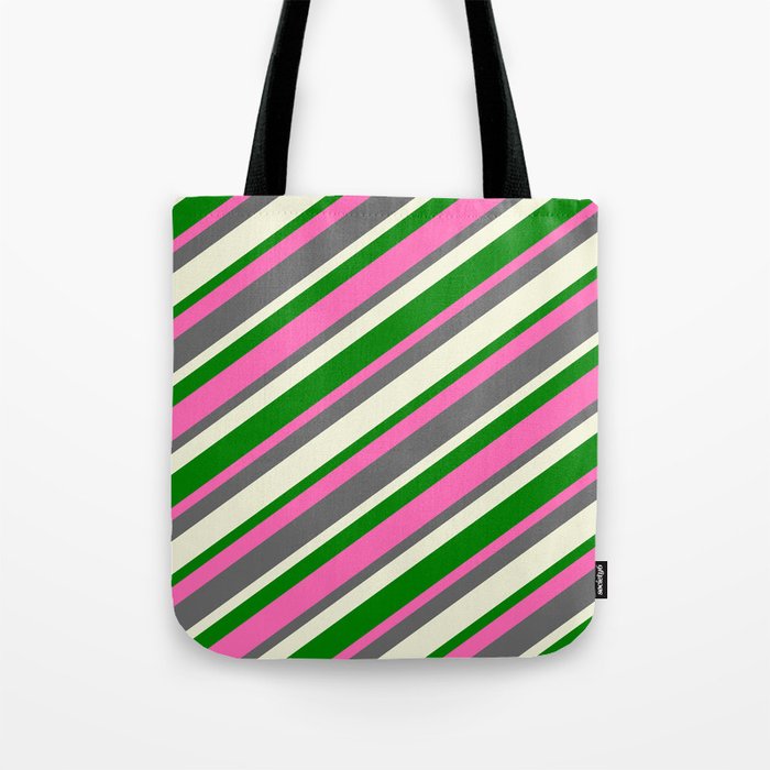 Hot Pink, Dim Gray, Beige, and Green Colored Stripes Pattern Tote Bag