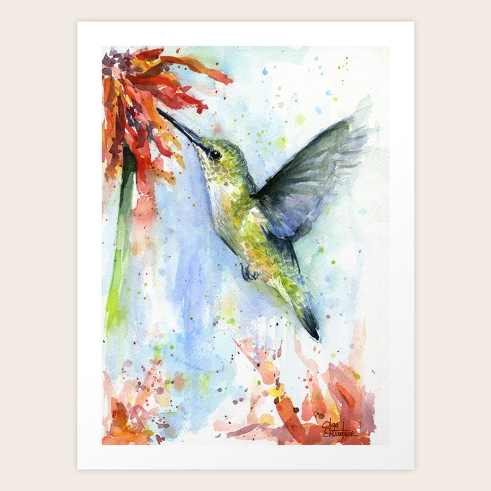 Hummingbird Red Flower Watercolor Bird Art Print by Olechka Society6
