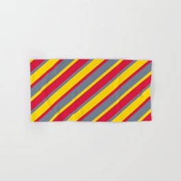 [ Thumbnail: Yellow, Crimson, and Slate Gray Colored Striped Pattern Hand & Bath Towel ]