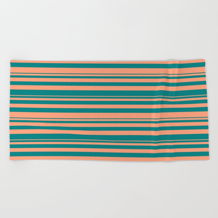 Light Salmon & Teal Colored Stripes/Lines Pattern Beach Towel