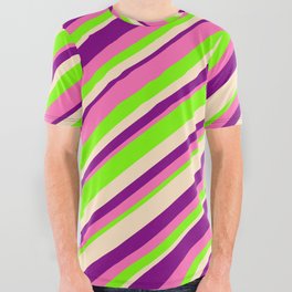 [ Thumbnail: Purple, Hot Pink, Green & Bisque Colored Lined Pattern All Over Graphic Tee ]