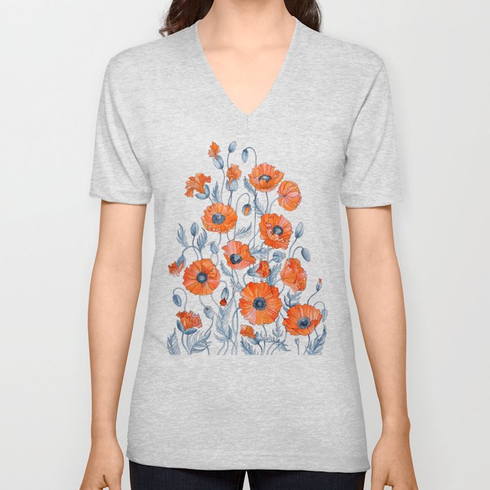 Red poppies in grey V Neck T Shirt