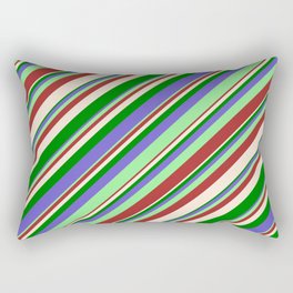 [ Thumbnail: Slate Blue, Light Green, Brown, Beige & Green Colored Pattern of Stripes Rectangular Pillow ]