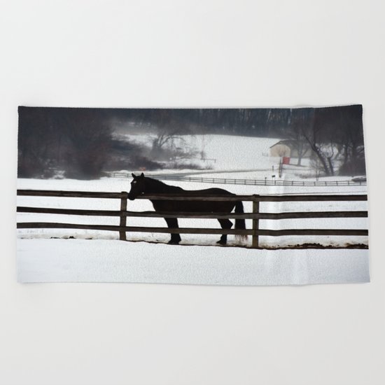 Horse in the Winter Fog Beach Towel
