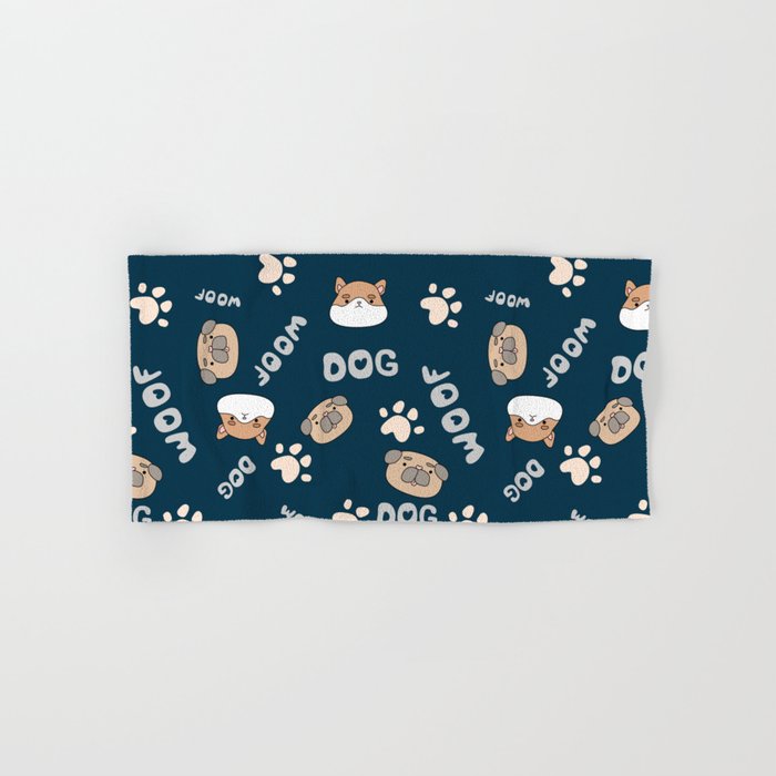 Blue pattern with cute, funny happy dogs. Paw prints, woof with hearts text and pets. Hand & Bath Towel