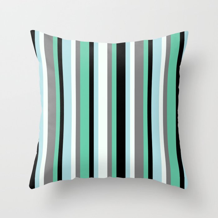 Aquamarine, Black, Powder Blue, Mint Cream, and Gray Colored Pattern of Stripes Throw Pillow