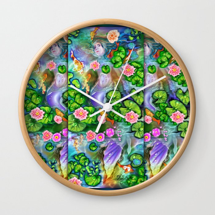 Mermaid in the lily pond Wall Clock